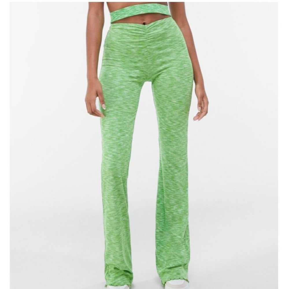 NWOT BERSHKA GREEN FLARED RIBBED PANTS
